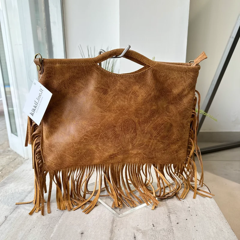 Borsa Rettangolare con Frange in Pelle Sfumata Tracolla Interno Semirigida Cuoio