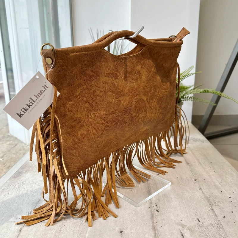 Borsa Rettangolare con Frange in Pelle Sfumata Tracolla Interno Semirigida Cuoio