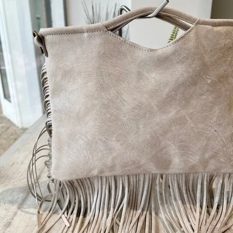 Borsa Rettangolare con Frange in Pelle Sfumata Tracolla Interno Semirigida Ghiaccio