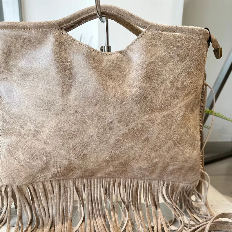 Borsa Rettangolare con Frange in Pelle Sfumata Tracolla Interno Semirigida Taupe