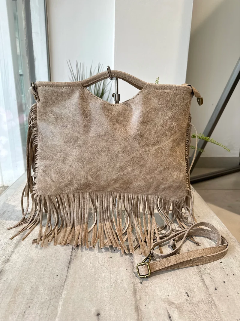Borsa Rettangolare con Frange in Pelle Sfumata Tracolla Interno Semirigida Taupe
