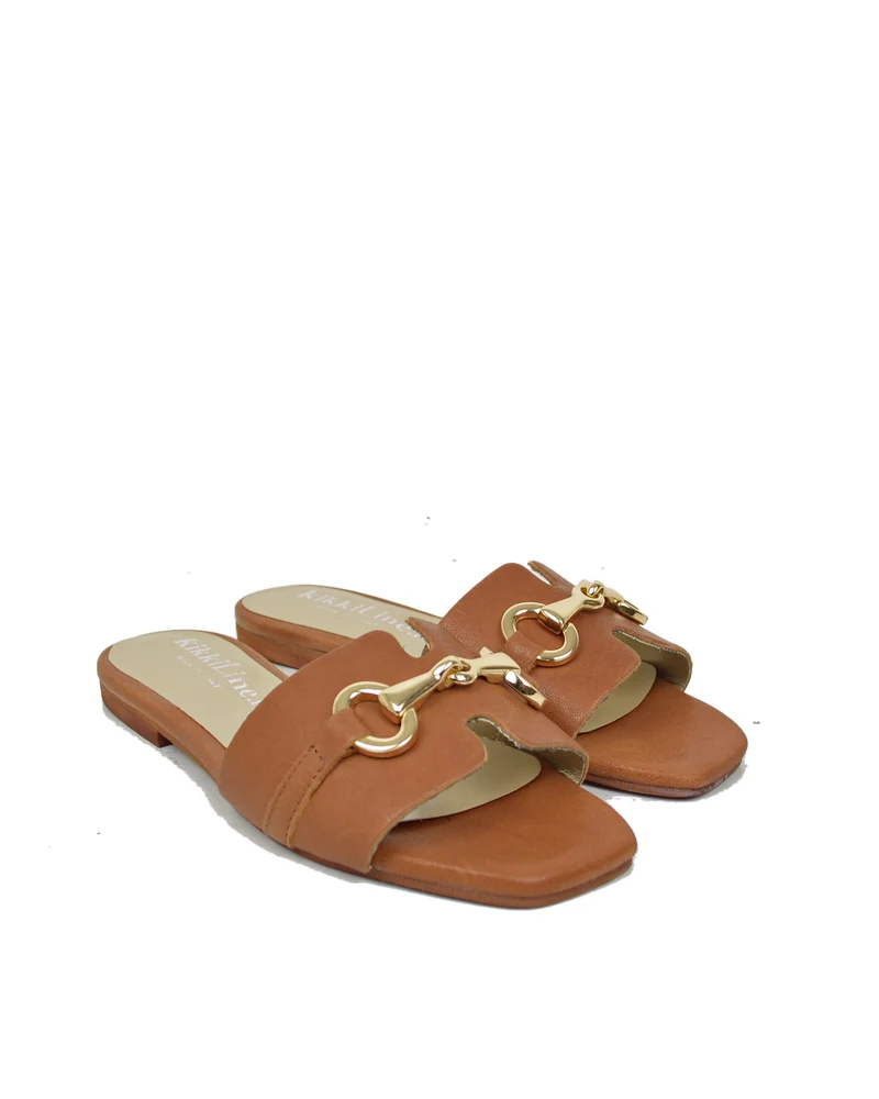Ciabattine in Vera Pelle con Accessorio Dorato Cuoio