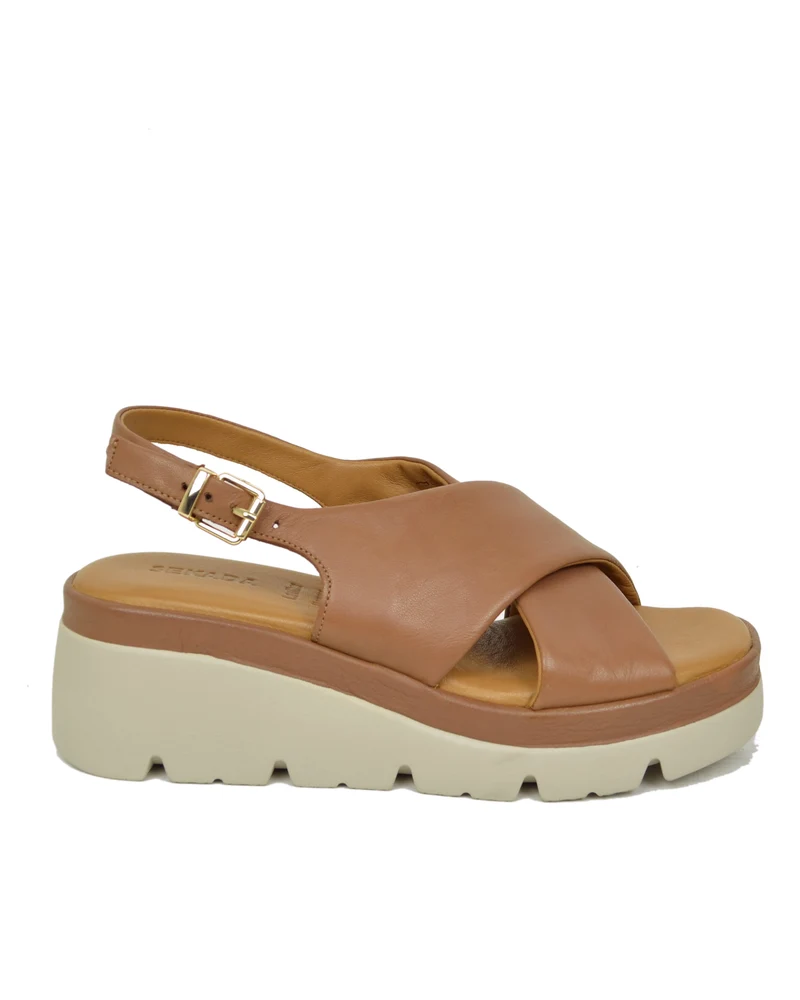 Sandali Donna Cuoio con fasce incrociate e Suola in Memory Foam Zeppa Alta