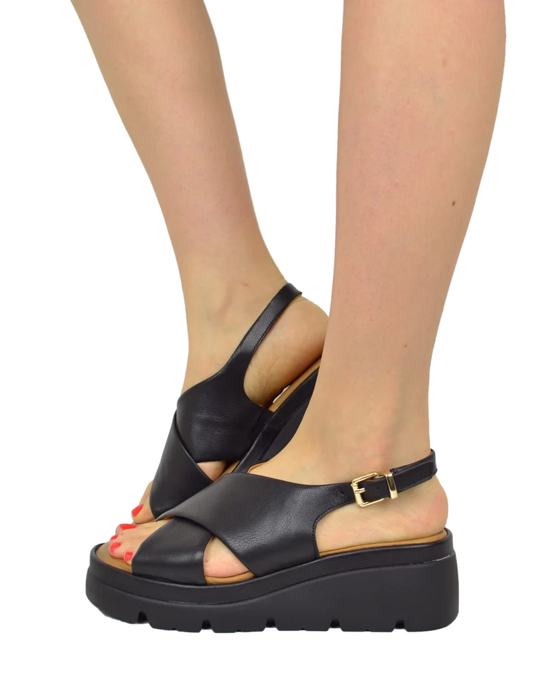 Sandali Donna Neri con fasce incrociate e Suola in Memory Foam Zeppa Alta