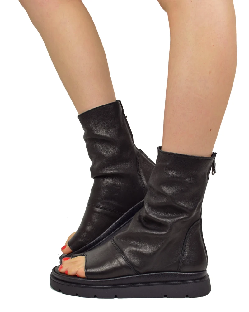 Sandali Platform a Stivaletto con Piede Spuntato Infradito Nappa Morbida Nera Zip Laterale