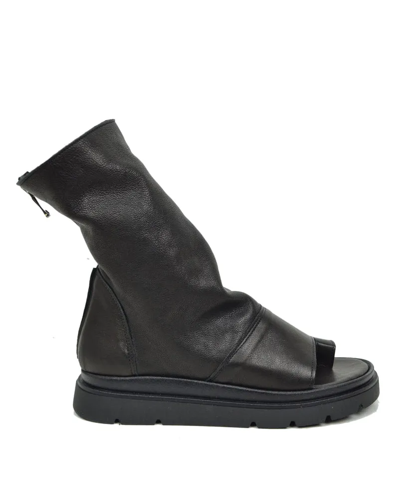 Sandali Platform a Stivaletto con Piede Spuntato Infradito Nappa Morbida Nera Zip Laterale
