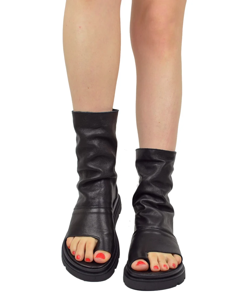 Sandali Platform a Stivaletto con Piede Spuntato Infradito Nappa Morbida Nera Zip Laterale