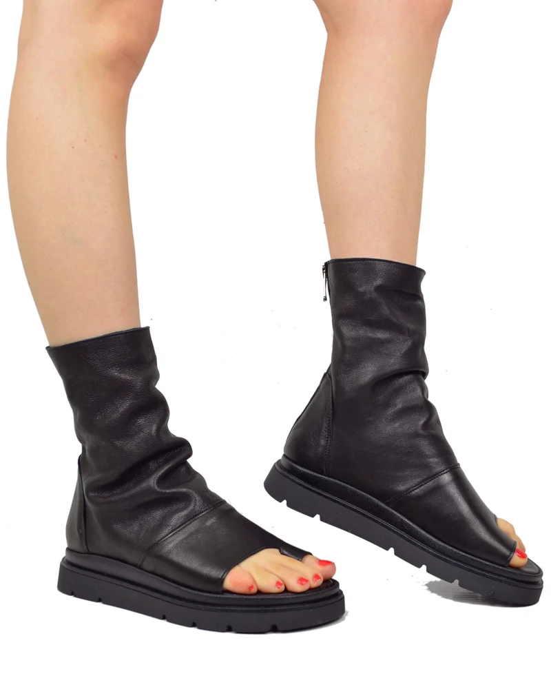 Sandali Platform a Stivaletto con Piede Spuntato Infradito Nappa Morbida Nera Zip Laterale