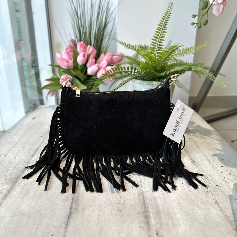 Borsetta a Spalla con Frangia a Baguette in Pelle Scamosciata 2 Tracolle Interne "DOLLY"Nera