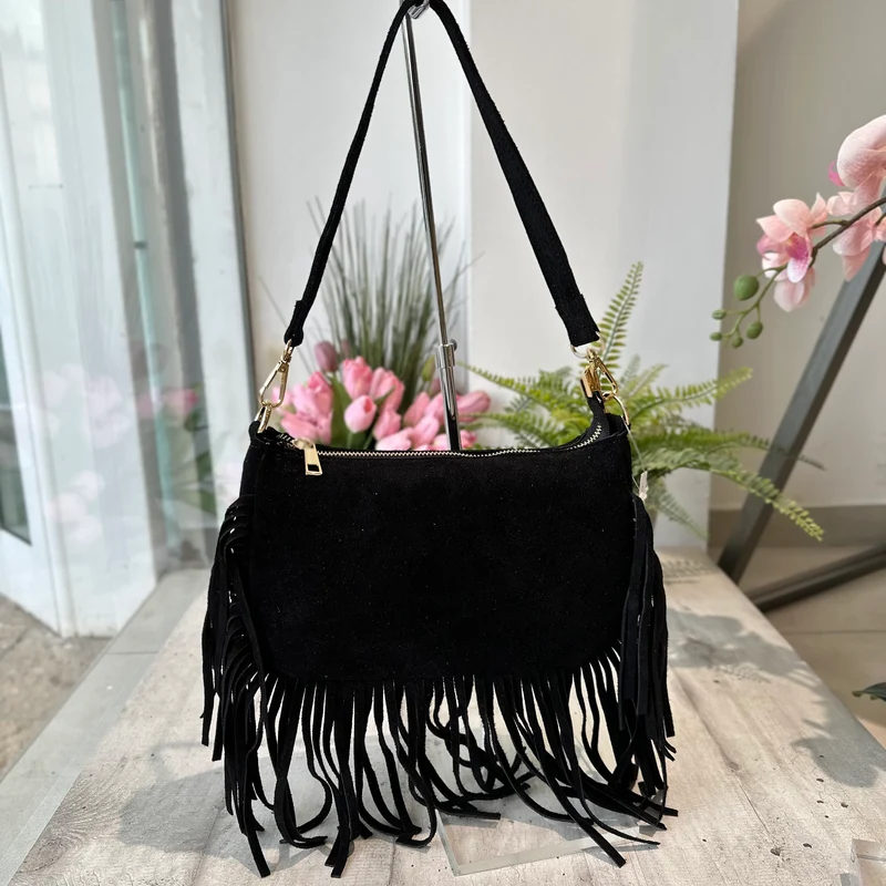Borsetta a Spalla con Frangia a Baguette in Pelle Scamosciata 2 Tracolle Interne "DOLLY"Nera