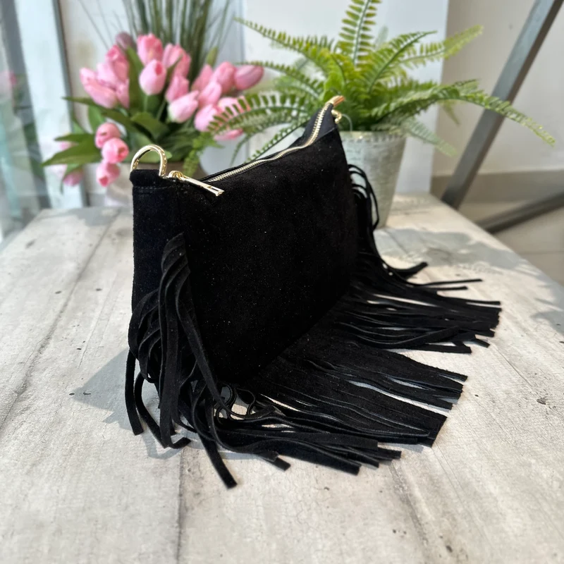 Borsetta a Spalla con Frangia a Baguette in Pelle Scamosciata 2 Tracolle Interne "DOLLY"Nera