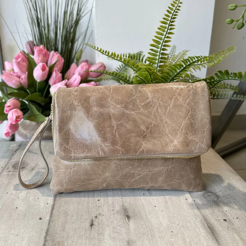 Clutch a Mano Borsa VERA PELLE effetto Vintage Sabbia GINEVRA tracolla all'interno