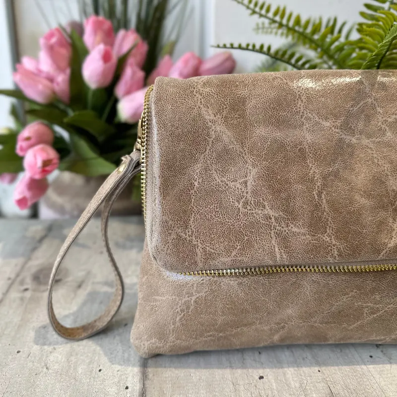 Clutch a Mano Borsa VERA PELLE effetto Vintage Sabbia GINEVRA tracolla all'interno
