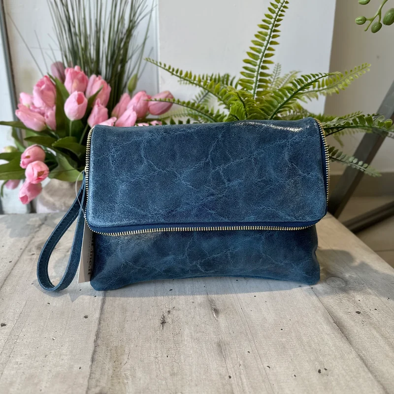 Clutch a Mano Borsa VERA PELLE effetto Vintage Jeans GINEVRA tracolla all'interno