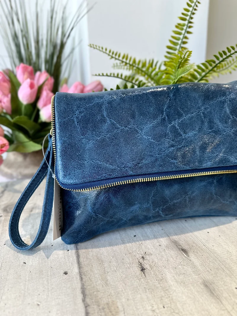 Clutch a Mano Borsa VERA PELLE effetto Vintage Jeans GINEVRA tracolla all'interno