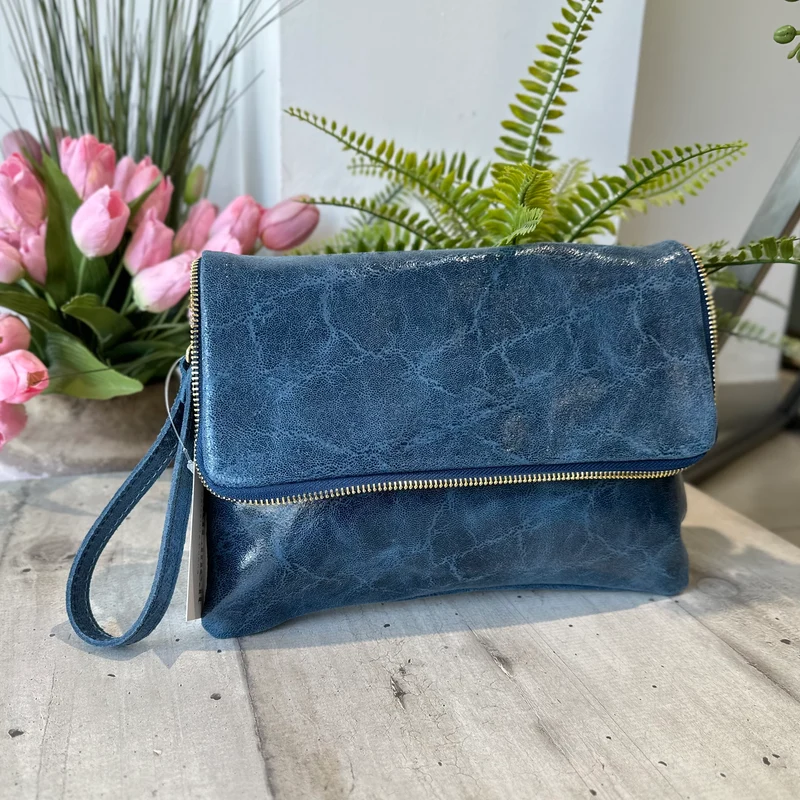 Clutch a Mano Borsa VERA PELLE effetto Vintage Jeans GINEVRA tracolla all'interno