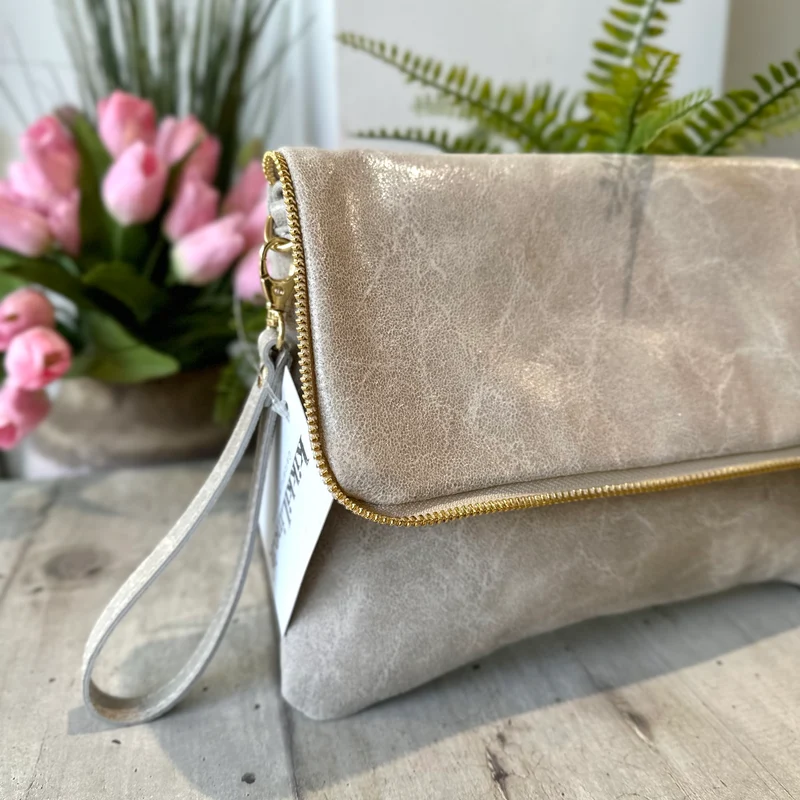 Clutch a Mano Borsa VERA PELLE effetto Vintage Beige GINEVRA tracolla all'interno