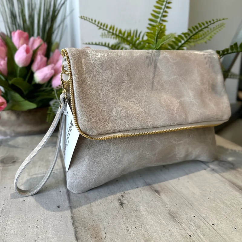 Clutch a Mano Borsa VERA PELLE effetto Vintage Beige GINEVRA tracolla all'interno