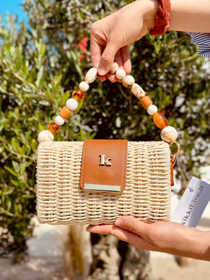 Borsetta Mini Pic-Nic Paglia e Manico di Pietre Ecru e Tracolla