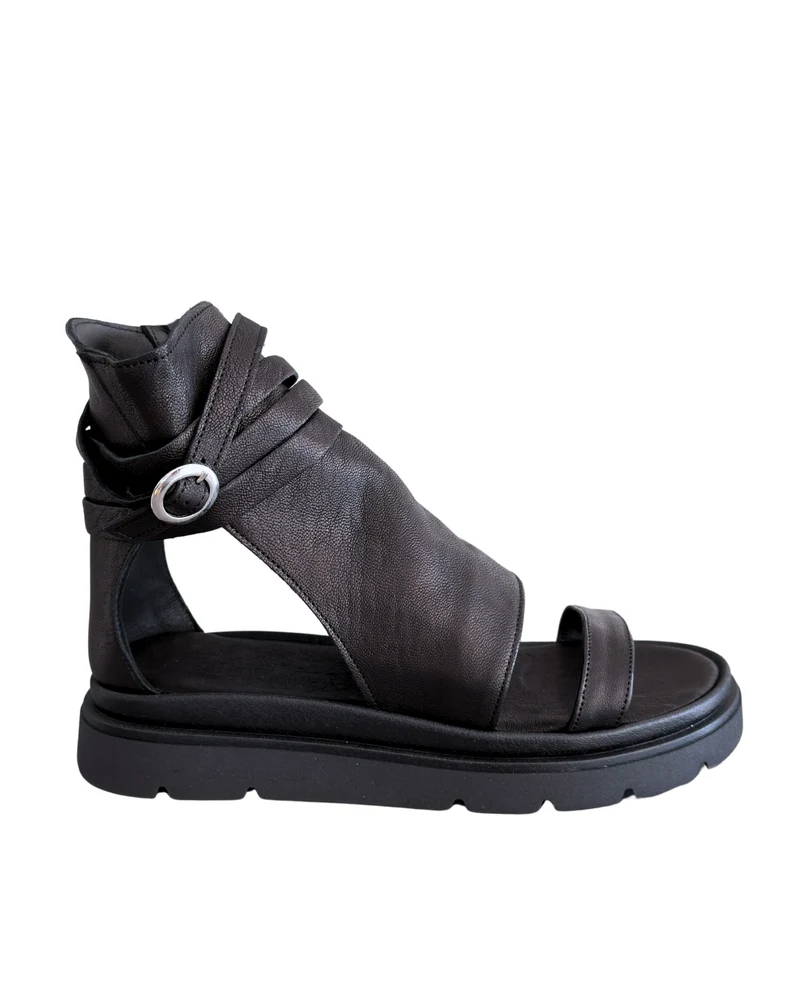 Sandali Platform a Stivaletto con Piede Spuntato Nappa Morbida Nera Zip Laterale