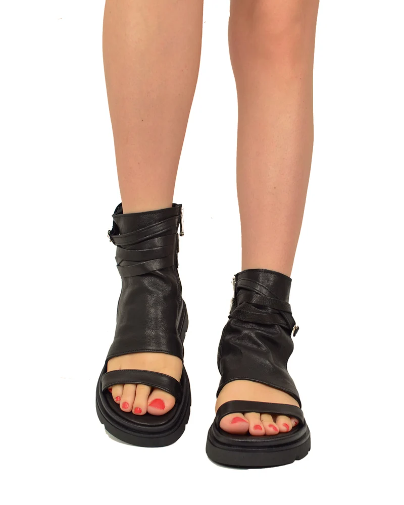 Sandali Platform a Stivaletto con Piede Spuntato Nappa Morbida Nera Zip Laterale