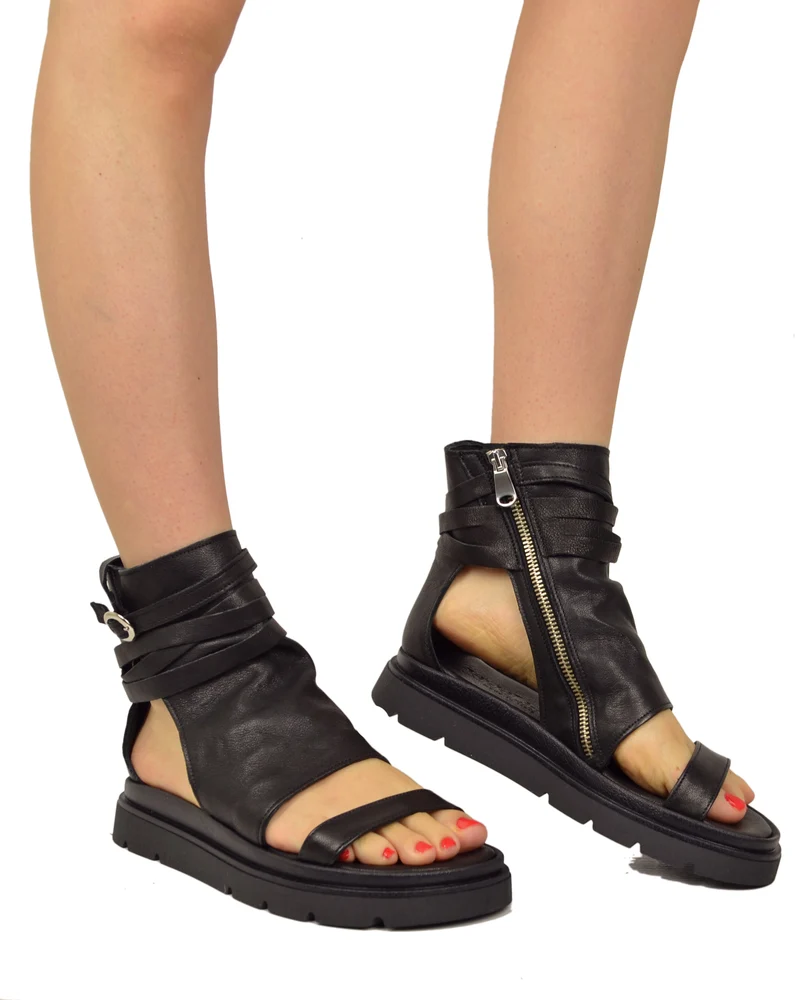 Sandali Platform a Stivaletto con Piede Spuntato Nappa Morbida Nera Zip Laterale
