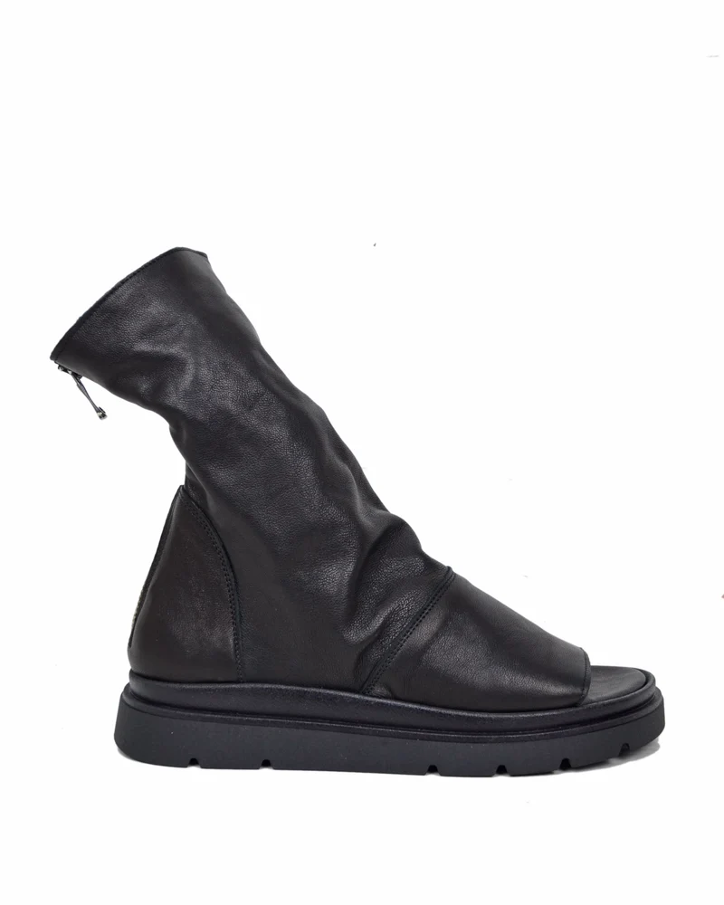 Sandali Platform a Stivaletto con Piede Spuntato Nappa Morbida Nera