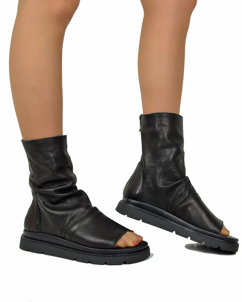 Sandali Platform a Stivaletto con Piede Spuntato Nappa Morbida Nera