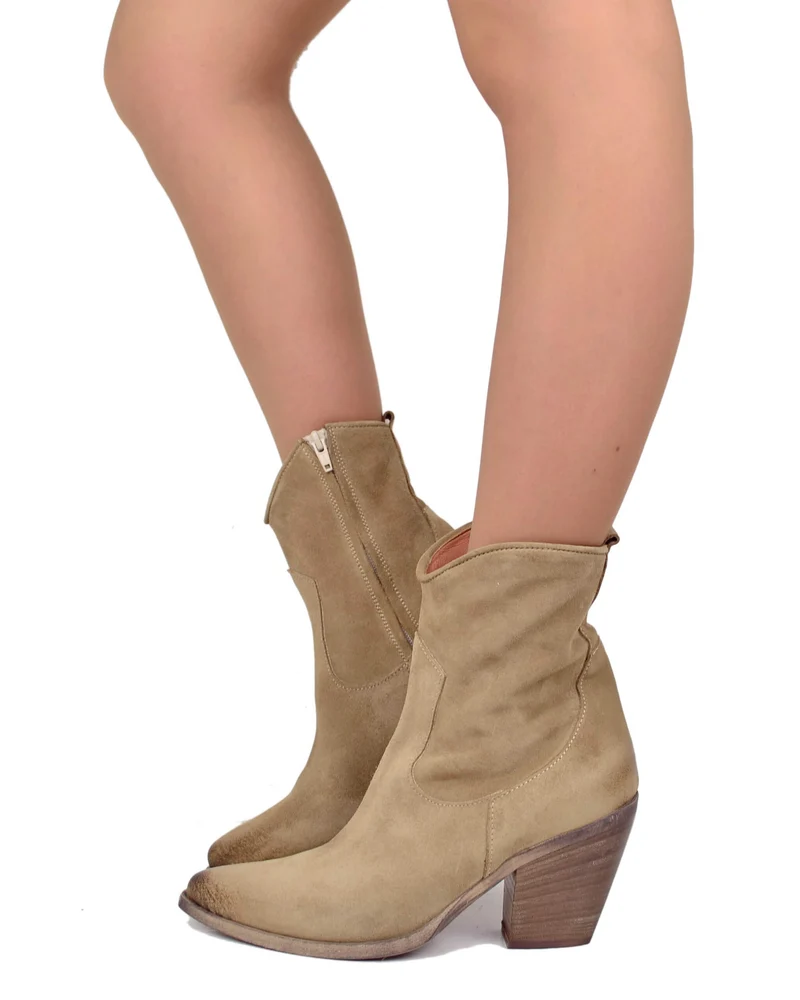 Stivaletti Estivi alla Caviglia Tacco 9 cm Leggeri Pelle Scamosciata Beige