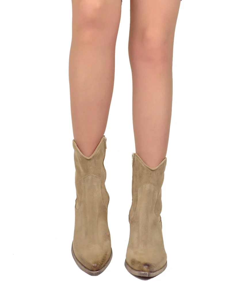 Stivaletti Estivi alla Caviglia Tacco 9 cm Leggeri Pelle Scamosciata Beige