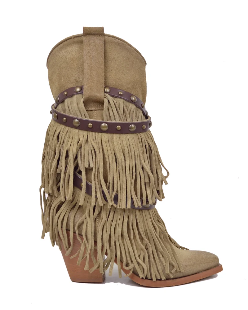 Stivali Texani con Frange Vera Pelle Scamosciata Wild Cowboyboots Taupe