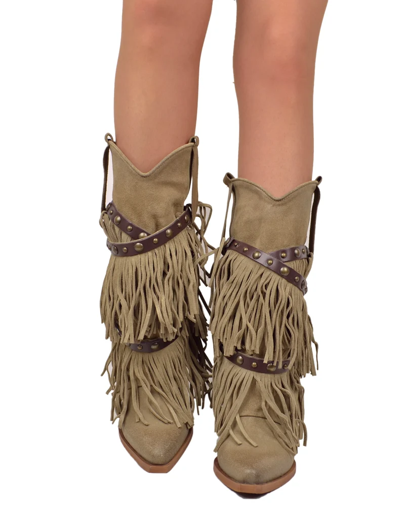 Stivali Texani con Frange Vera Pelle Scamosciata Wild Cowboyboots Taupe