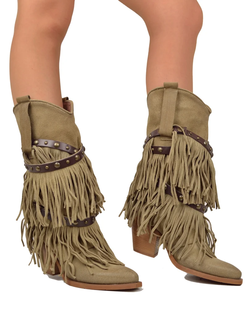 Stivali Texani con Frange Vera Pelle Scamosciata Wild Cowboyboots Taupe