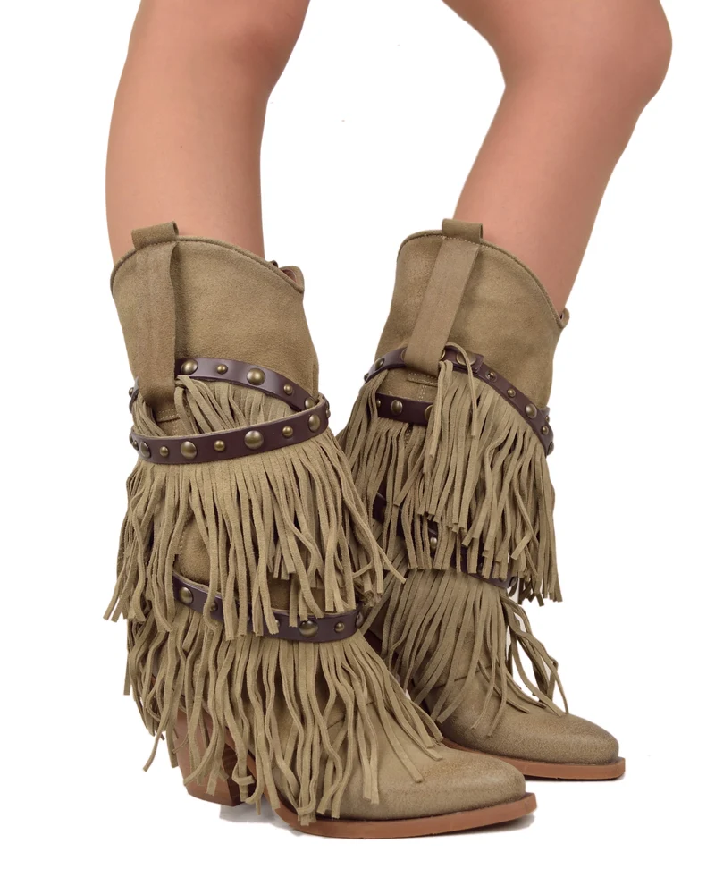 Stivali Texani con Frange Vera Pelle Scamosciata Wild Cowboyboots Taupe