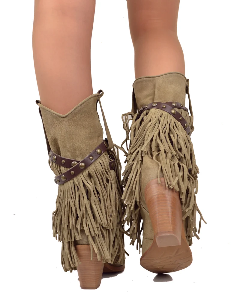 Stivali Texani con Frange Vera Pelle Scamosciata Wild Cowboyboots Taupe