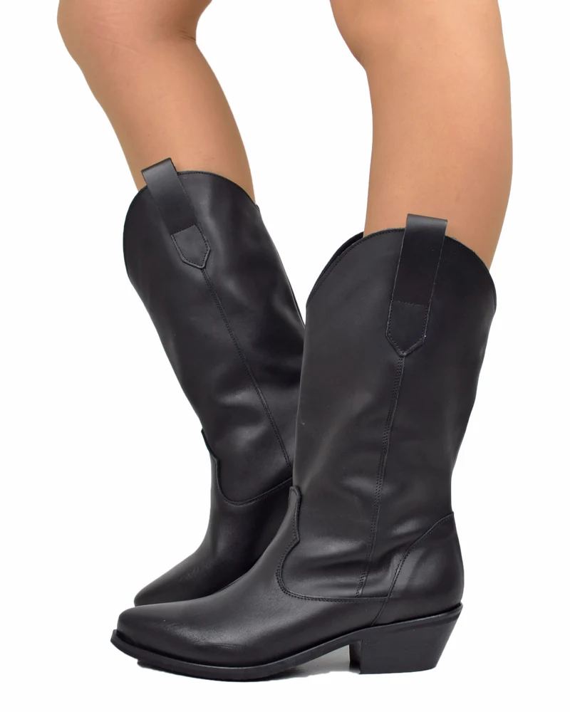 Texani total Black Lisci Tacco Basso 4 cm Classici Neri Vera Pelle Made in Itay