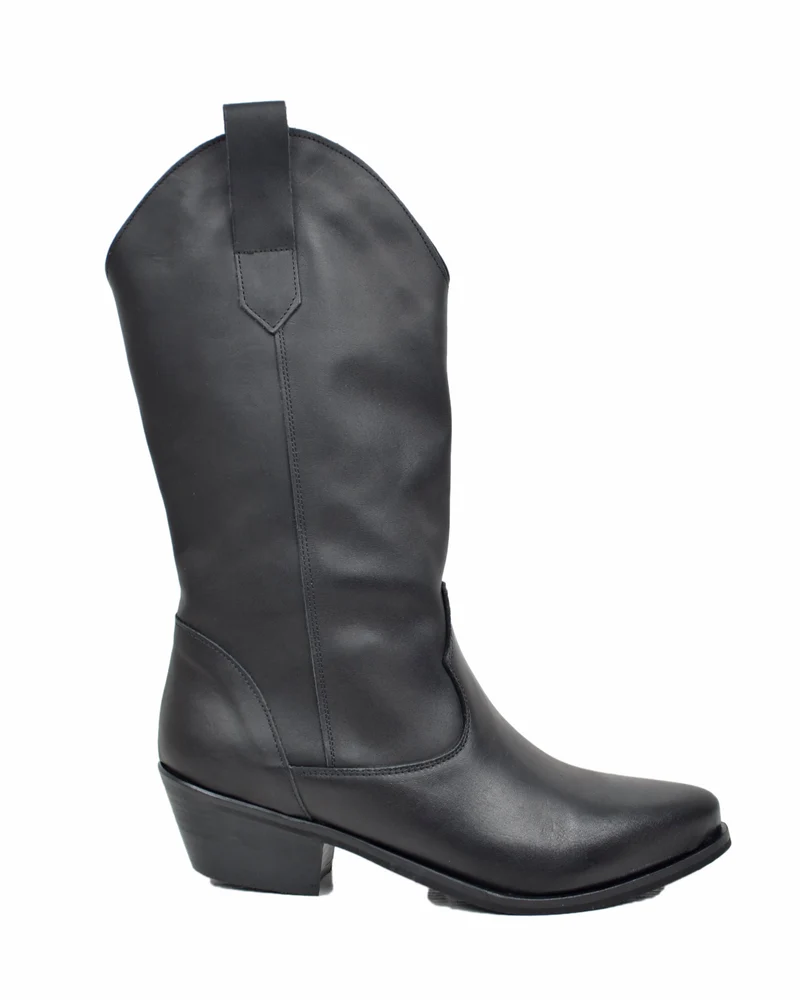 Texani total Black Lisci Tacco Basso 4 cm Classici Neri Vera Pelle Made in Itay