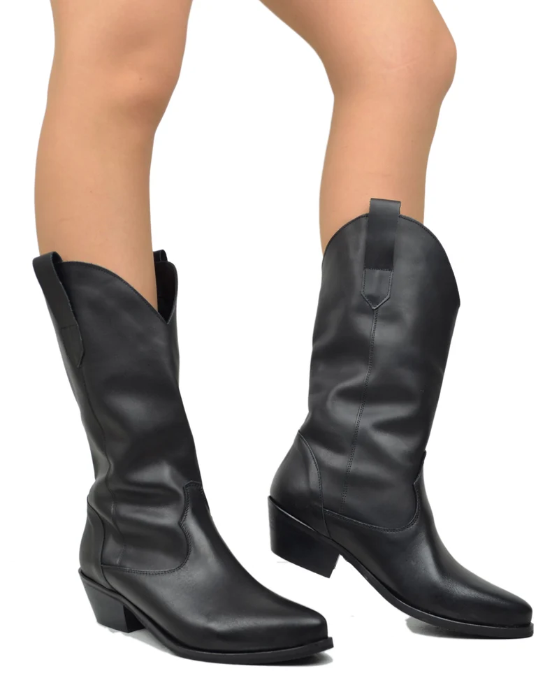 Texani total Black Lisci Tacco Basso 4 cm Classici Neri Vera Pelle Made in Itay