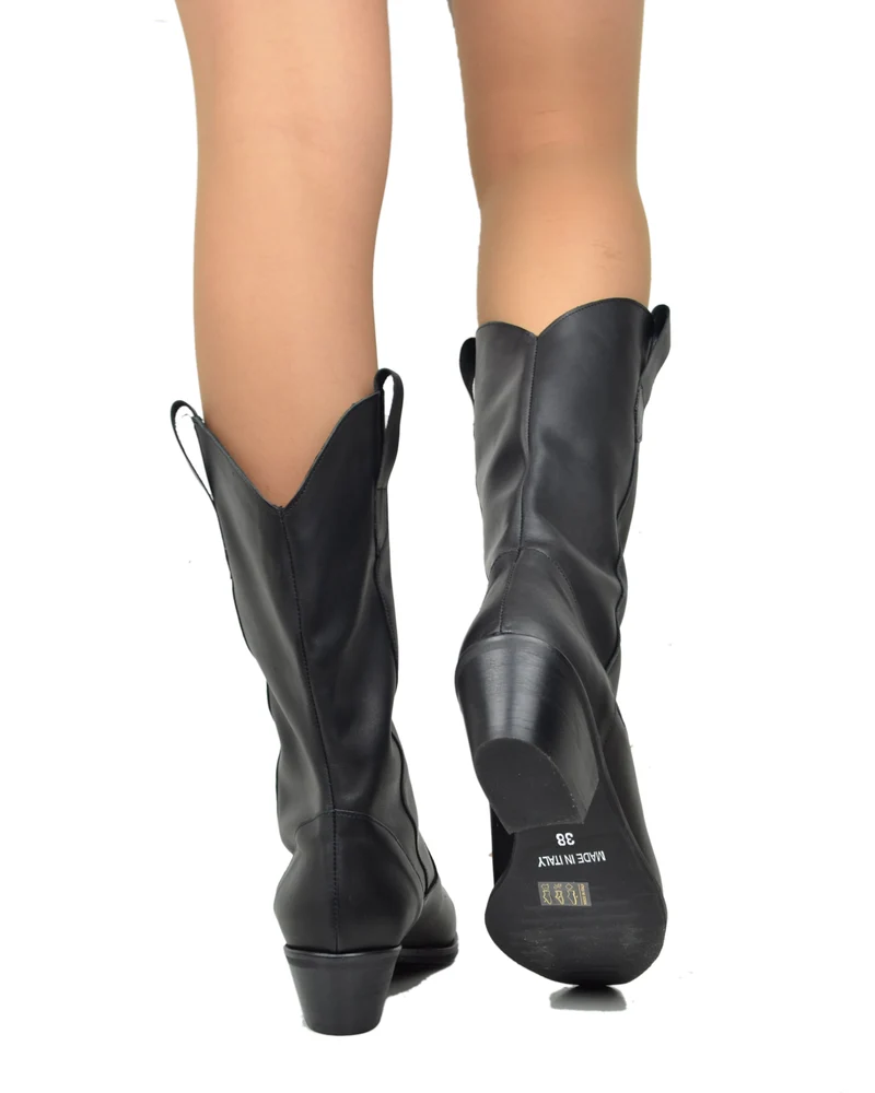 Texani total Black Lisci Tacco Basso 4 cm Classici Neri Vera Pelle Made in Itay