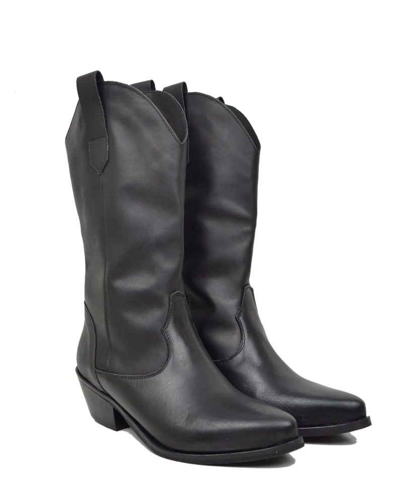 Texani total Black Lisci Tacco Basso 4 cm Classici Neri Vera Pelle Made in Itay