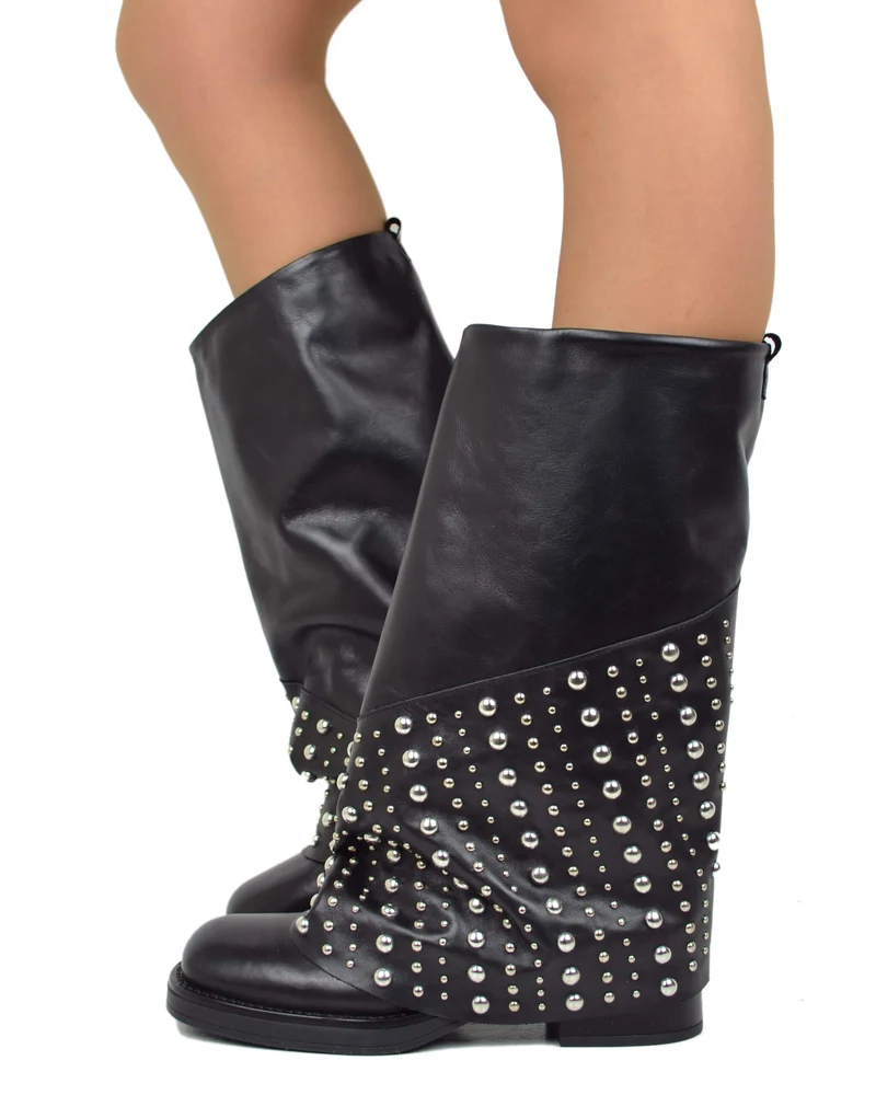 Biker con Ghetta Punta Quadrata Mid-High Vera Pelle Nero Borchiate