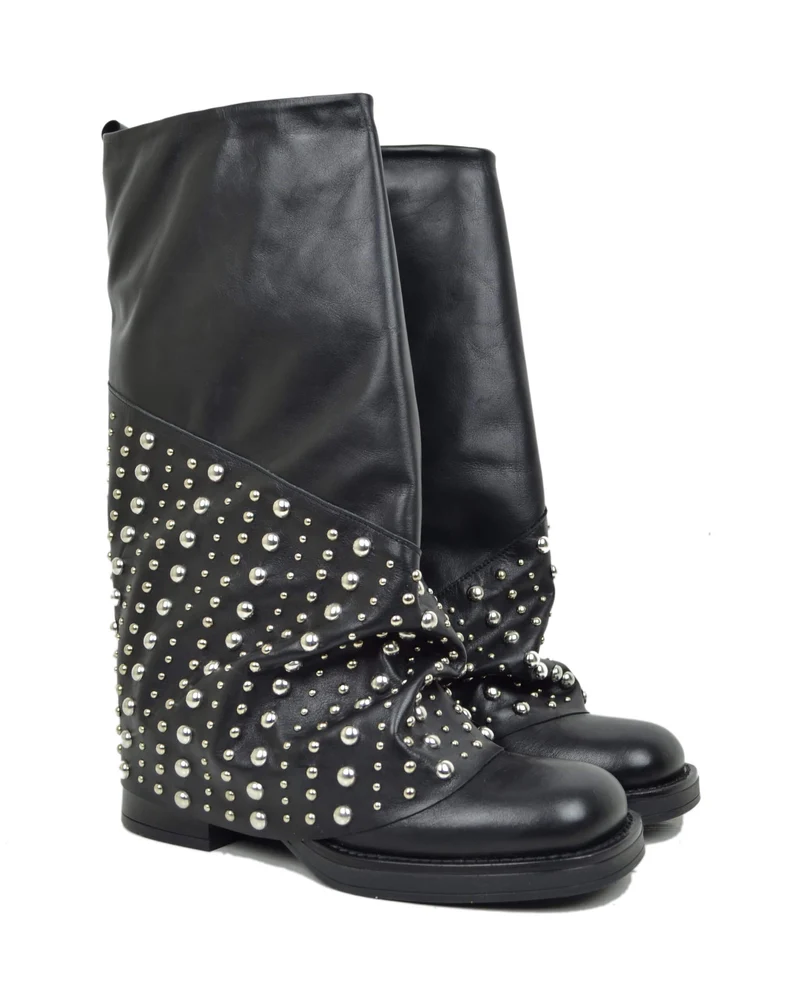 Biker con Ghetta Punta Quadrata Mid-High Vera Pelle Nero Borchiate