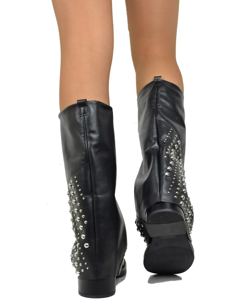 Biker con Ghetta Punta Quadrata Mid-High Vera Pelle Nero Borchiate