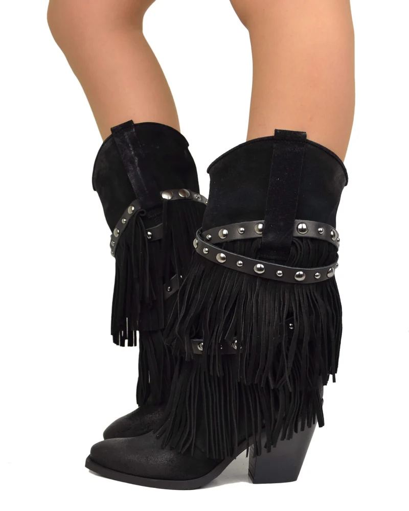 Stivali Texani con Frange Vera Pelle Scamosciata Wild Cowboyboots Neri
