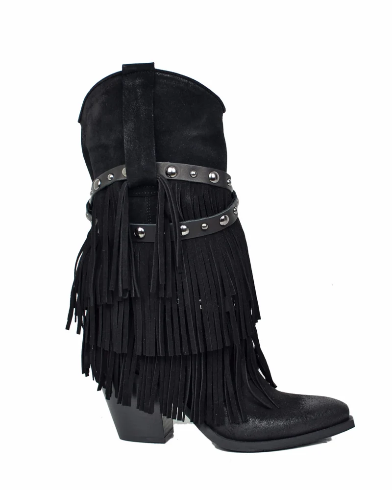 Stivali Texani con Frange Vera Pelle Scamosciata Wild Cowboyboots Neri