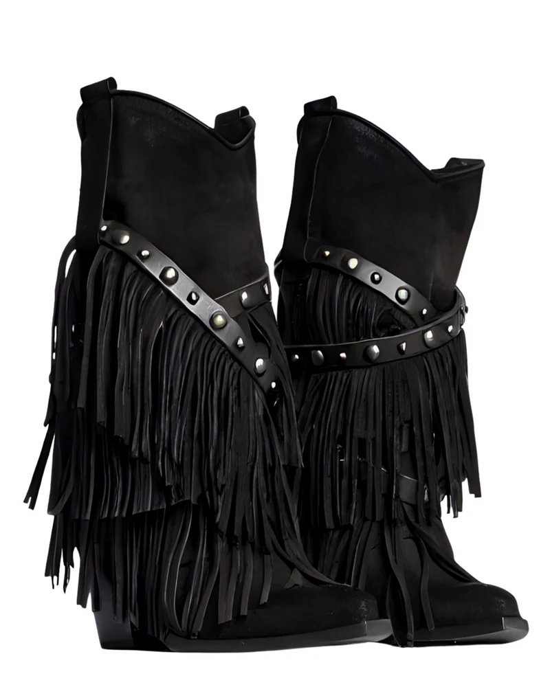 Stivali Texani con Frange Vera Pelle Scamosciata Wild Cowboyboots Neri
