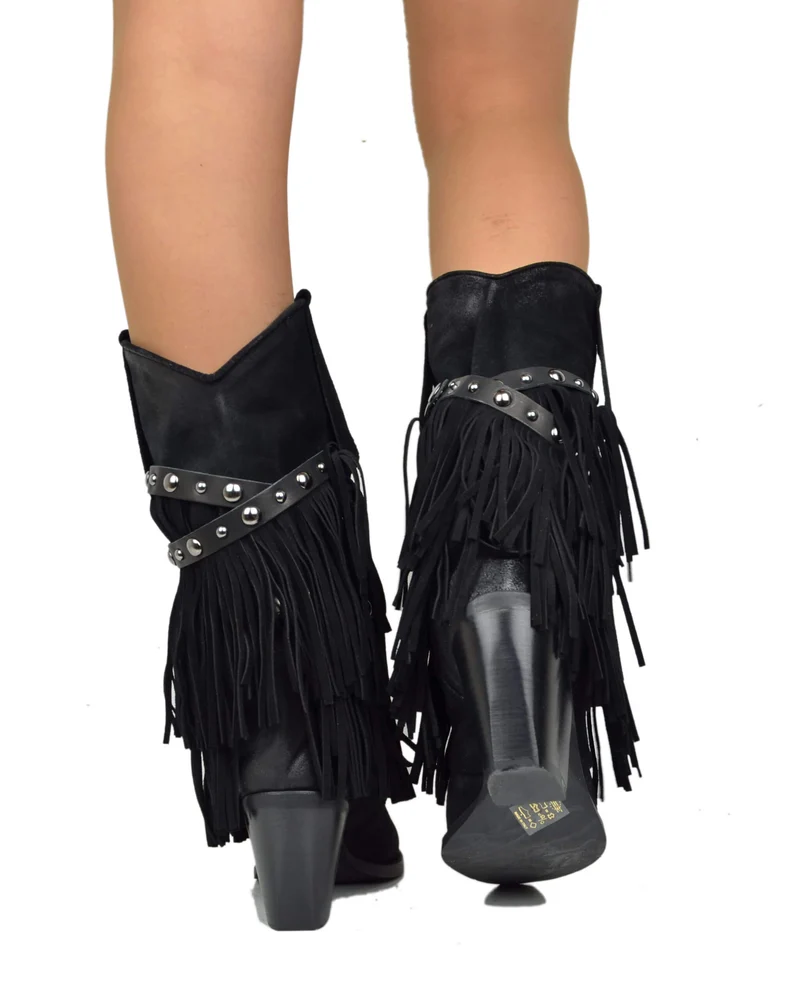 Stivali Texani con Frange Vera Pelle Scamosciata Wild Cowboyboots Neri