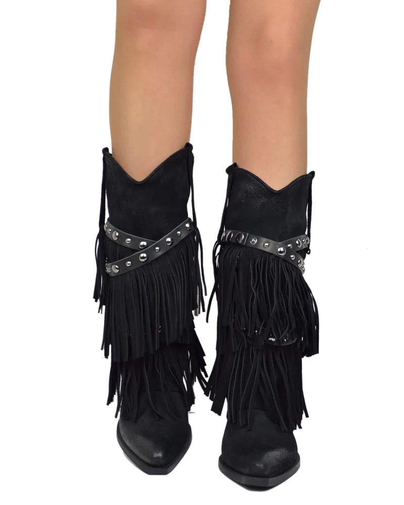 Stivali Texani con Frange Vera Pelle Scamosciata Wild Cowboyboots Neri