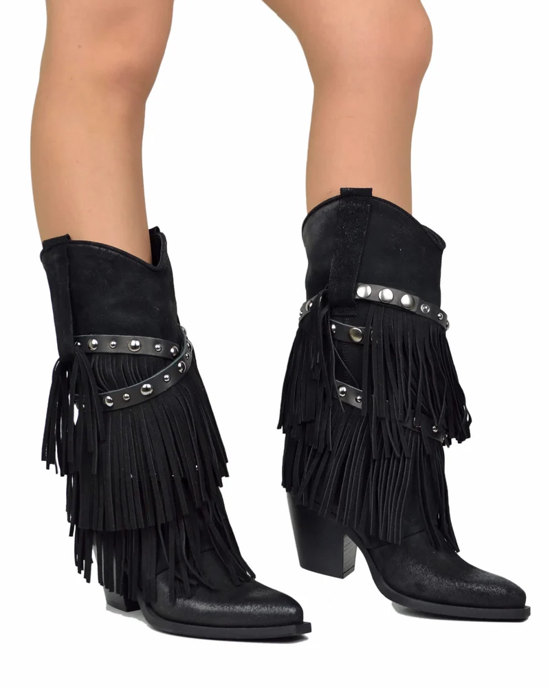 Stivali Texani con Frange Vera Pelle Scamosciata Wild Cowboyboots Neri
