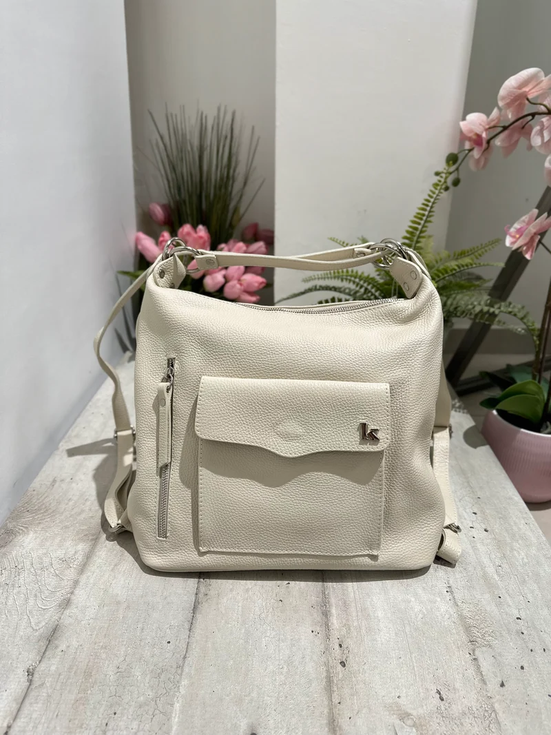 Borsa a Spalla che diventa Zaino in Vera Pelle Panna Logo K FIAMMETTA